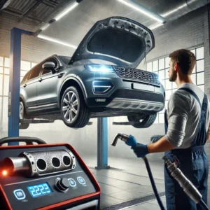 A modern diesel vehicle in a professional garage with a technician performing DPF cleaning, showing diagnostic tools and a clean, high-tech environment.