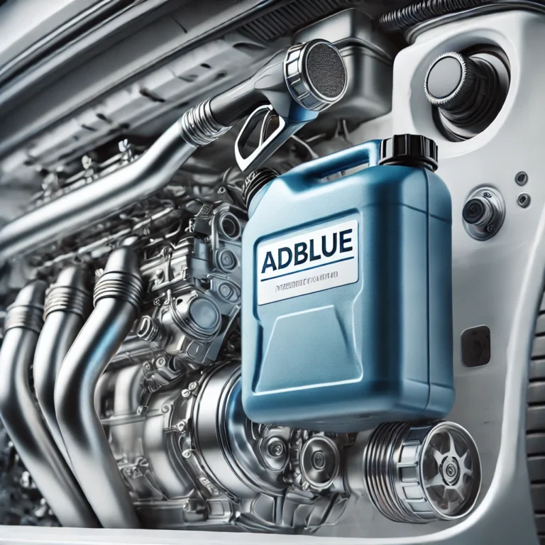Close-up of a modern diesel vehicle's exhaust system with AdBlue tank highlighted.
