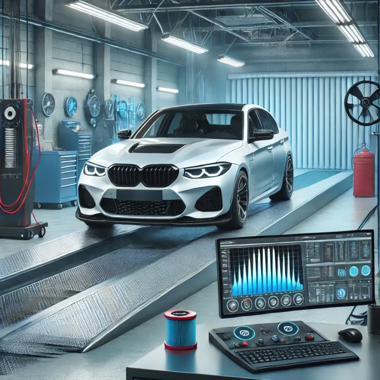 Modern car on a rolling road dyno in a professional garage for engine remapping