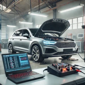 A modern car in a professional garage undergoing Stage 1 remapping for optimized performance.