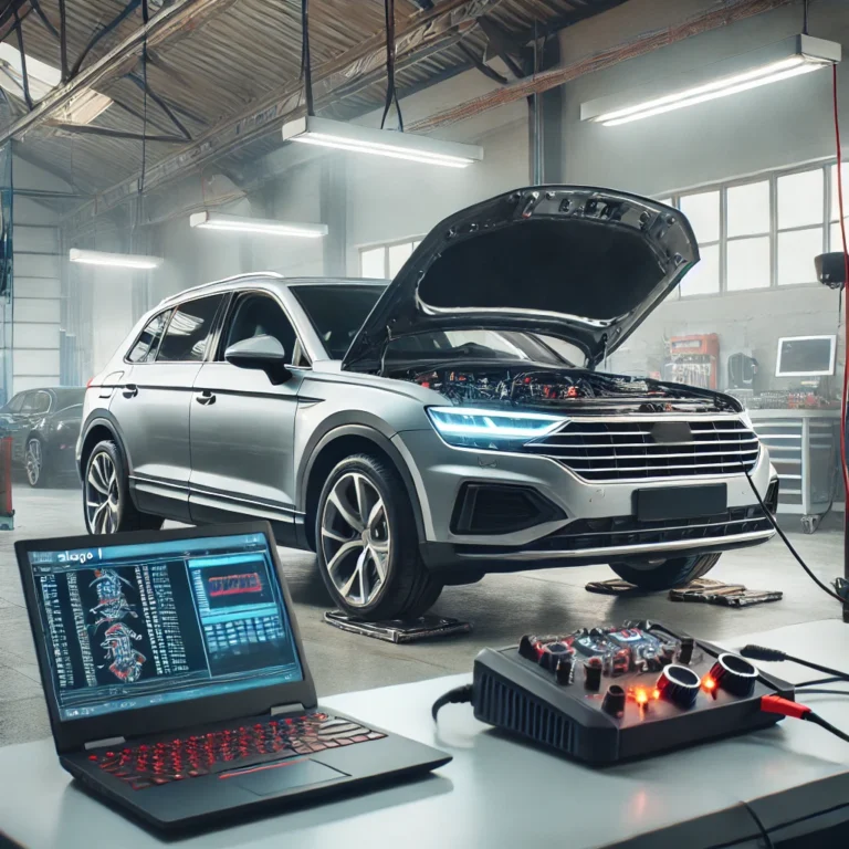 A modern car in a professional garage undergoing Stage 1 remapping for optimized performance.