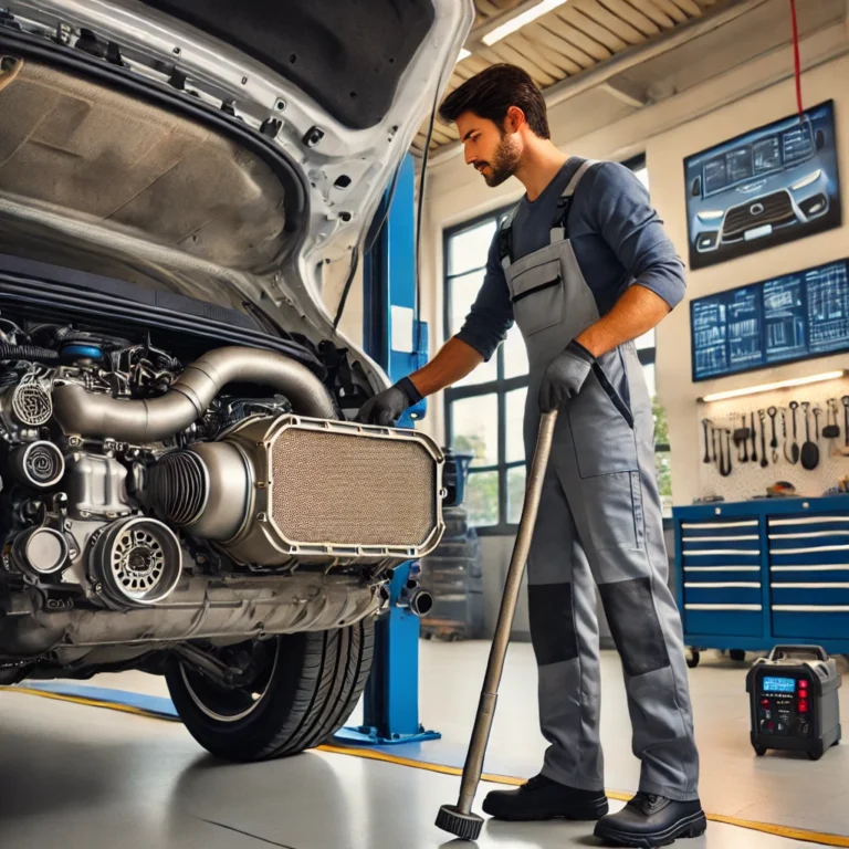 Professional mechanic performing DPF cleaning on a diesel vehicle in a modern garage