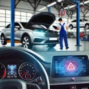 Modern car in a professional garage with a check engine light on the dashboard, mechanic examining with diagnostic tools
