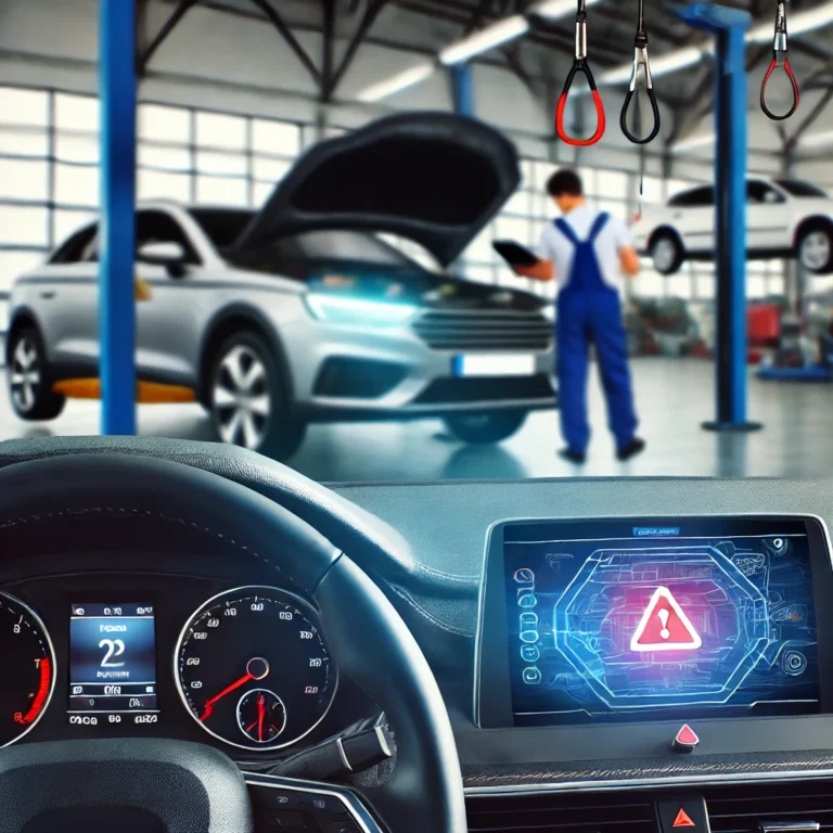 Modern car in a professional garage with a check engine light on the dashboard, mechanic examining with diagnostic tools