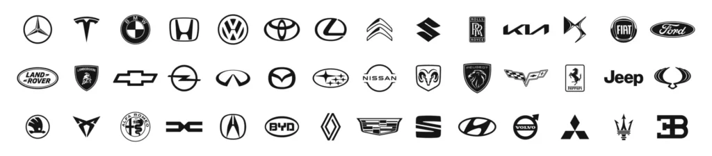 Popular car brand logos including BMW, Mercedes, Audi, VW, Ford, Toyota, and more – vehicle brands serviced by Pro Remapping in Stoke-on-Trent.