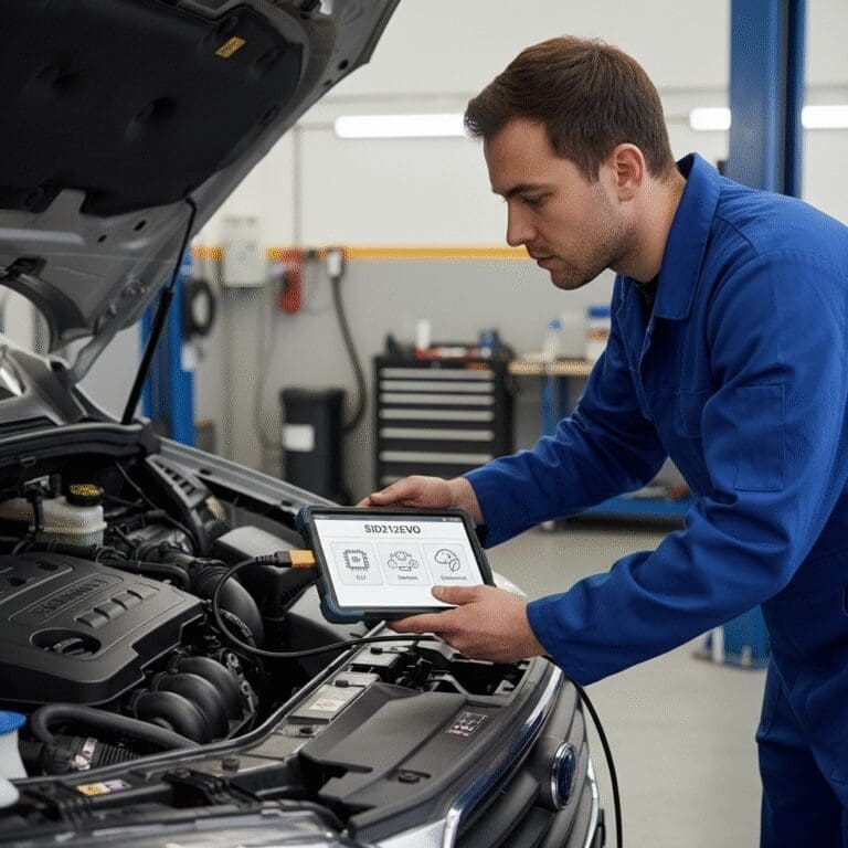 Technician running SID212EVO ECU diagnostics on an EcoBlue van using an OBD connection and laptop