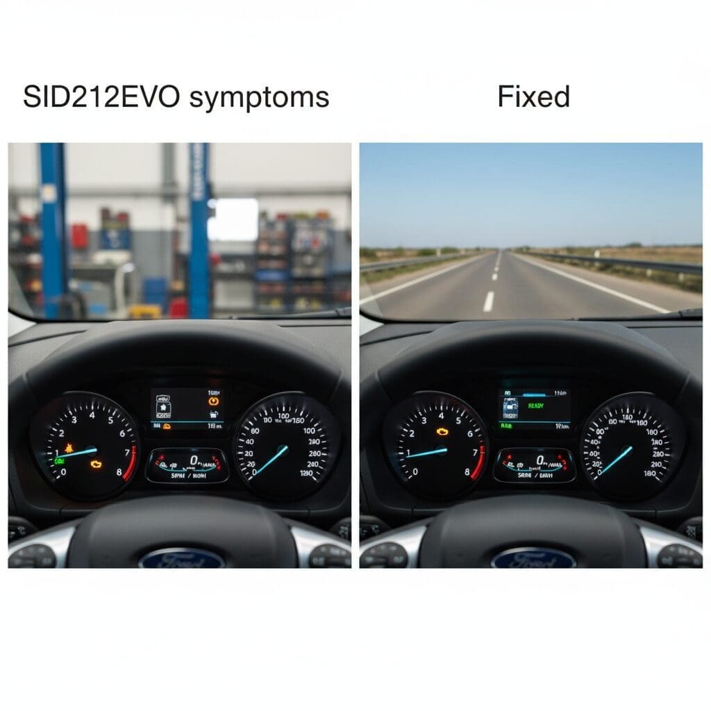 Technician running diagnostics and live data checks on a Ford EcoBlue vehicle for SID212EVO troubleshooting