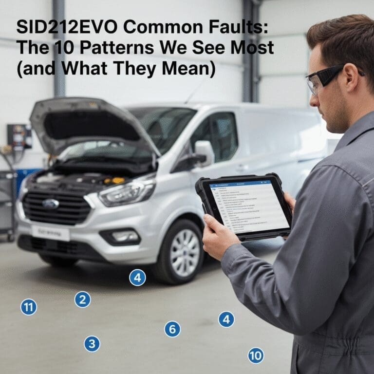 Technician holding a diagnostic tablet showing fault codes beside a Ford EcoBlue-style van in a workshop (SID212EVO common faults)