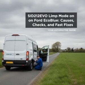 EcoBlue-style van in limp mode on a UK roadside with a reduced power warning on the dashboard and a technician using an OBD scanner