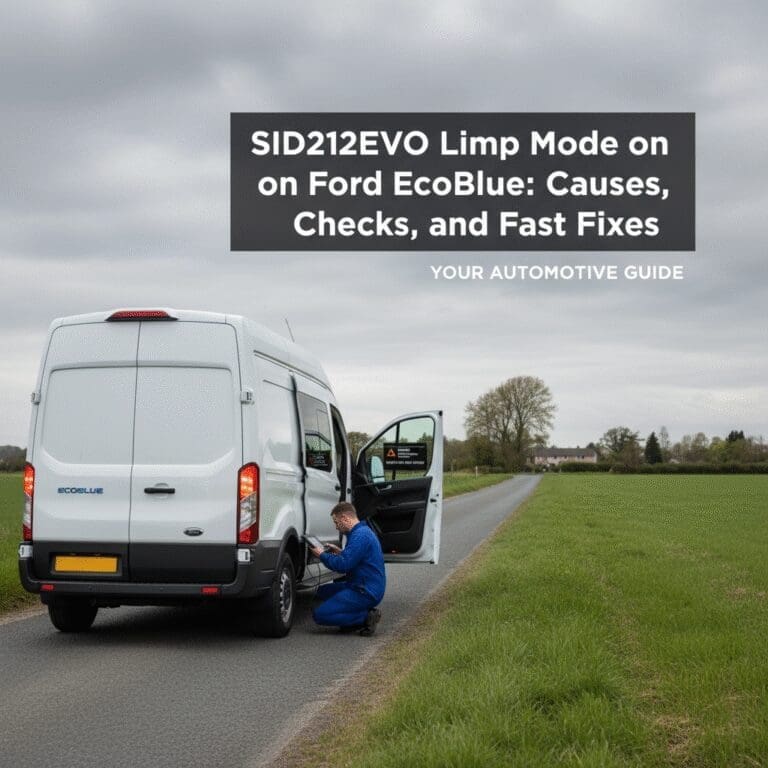 EcoBlue-style van in limp mode on a UK roadside with a reduced power warning on the dashboard and a technician using an OBD scanner