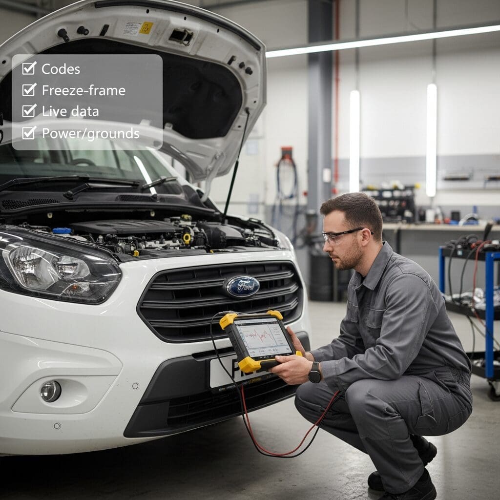 Technician reviewing live data diagnostics for Ford EcoBlue limp mode fault