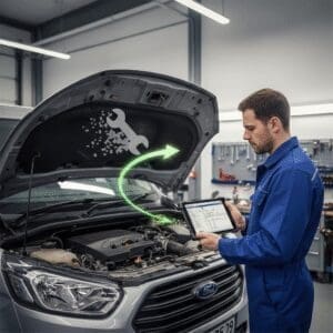 Technician diagnosing a Ford EcoBlue-style van with the bonnet open while reviewing SID212EVO fault data on a tablet (loss of power case study)