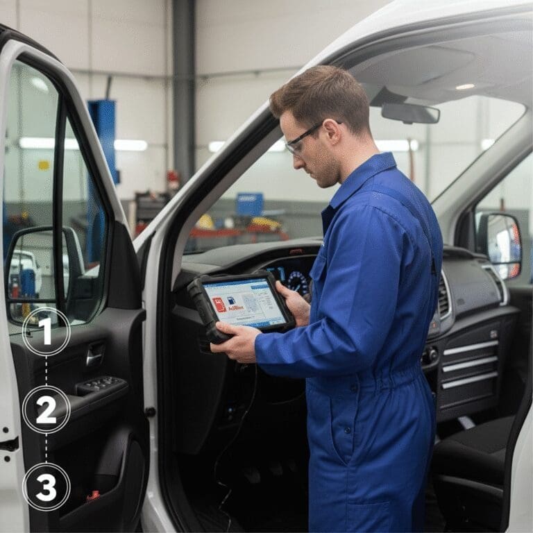 Technician diagnosing a Ford EcoBlue-style van showing an AdBlue warning and reduced power limp mode message on the dashboard (SID212EVO case study)