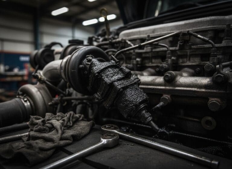 Carbon-fouled EGR valve removed from a diesel engine showing heavy deposit buildup