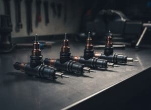 Common rail diesel fuel injectors laid out on a workshop bench