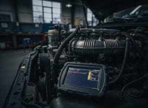 Diagnostic scanner connected to a diesel vehicle in a workshop service bay