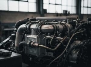 Close-up of EGR valve area pipes and connections on a diesel engine