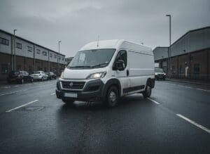 Fiat Ducato van on an industrial estate road near a vehicle workshop
