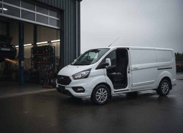 Ford Transit Custom van parked outside a vehicle remapping workshop