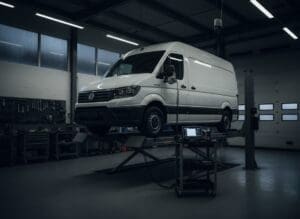 VW Crafter van raised on a workshop ramp for servicing