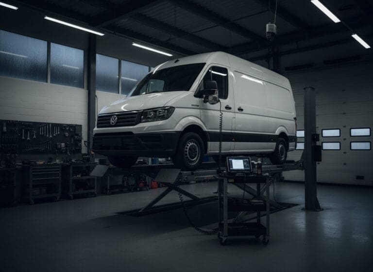 VW Crafter van raised on a workshop ramp for servicing